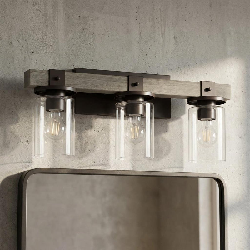 Wood Metal And Glass Three Light Bath Bar Vanity Light - Gray
