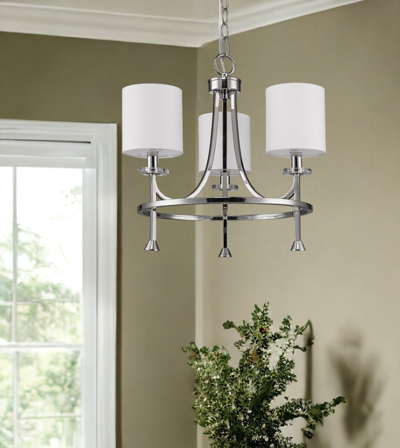 Candle Style Three Light Metal Dimmable Chandelier With White Shades - Silver / White
