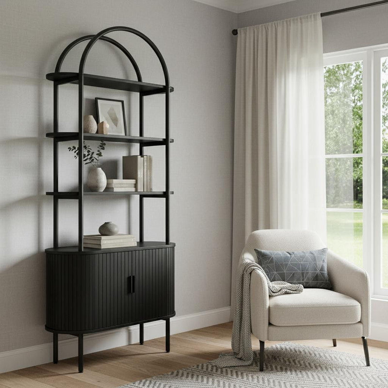 Four Tier Arched Etagere Bookcase With Two Doors - Black