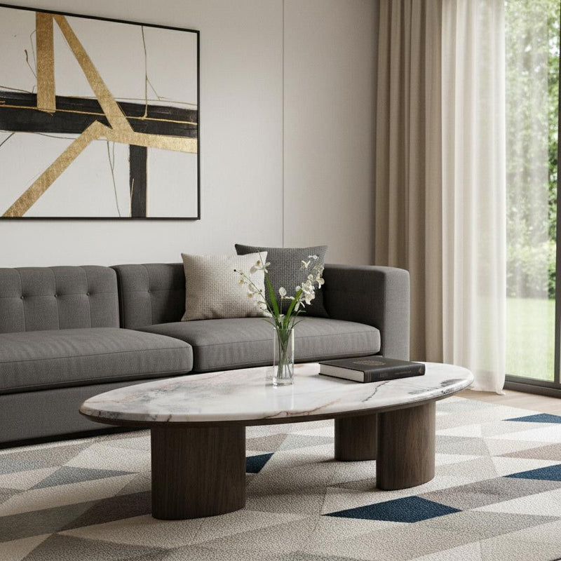 Genuine Marble Wood Oval Coffee Table (716371) - Natural / Brown