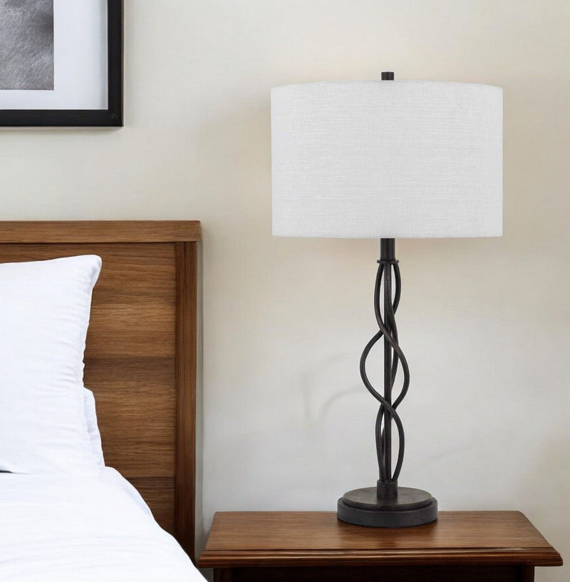 Metal Candlestick Table Lamp With Off-White Drum Shade - Black