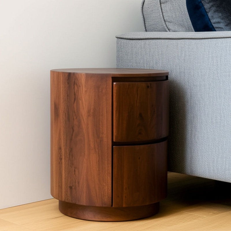 24" Solid Wood Round Drum End Table With Two Drawers - Chestnut