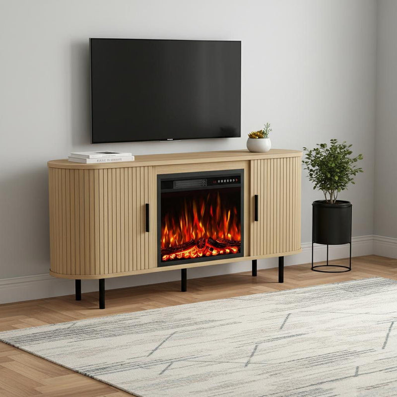 Ribbed Texture Wood TV Stand With Fireplace - White