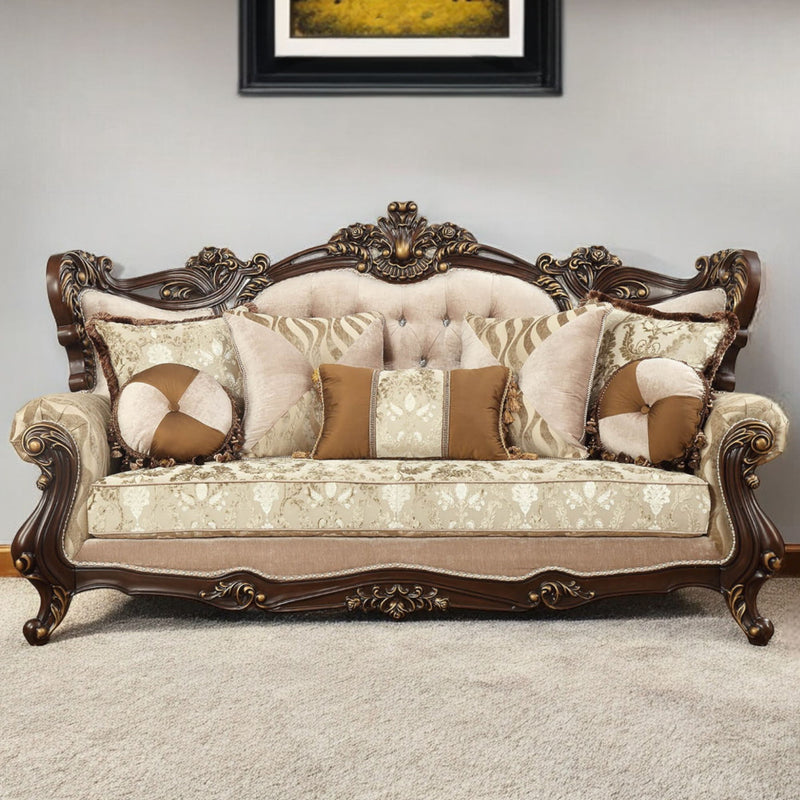 Polyester Blend Curved Damask Sofa And Toss Pillows With Brown Legs - Beige