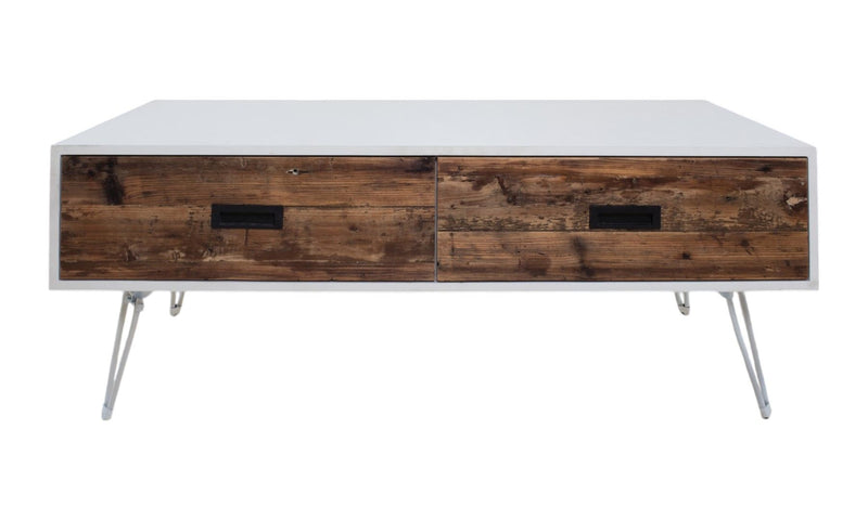 48" Wood And Metal Coffee Table With Two Drawers - White