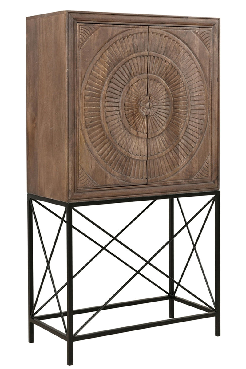 Solid Wood Two Door Carved Wine Cabinet - Brown