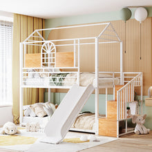 Load image into Gallery viewer, Twin Over Twin Metal Bunk Bed, Metal Housebed with Slide and Storage Stair, White with White Slide
