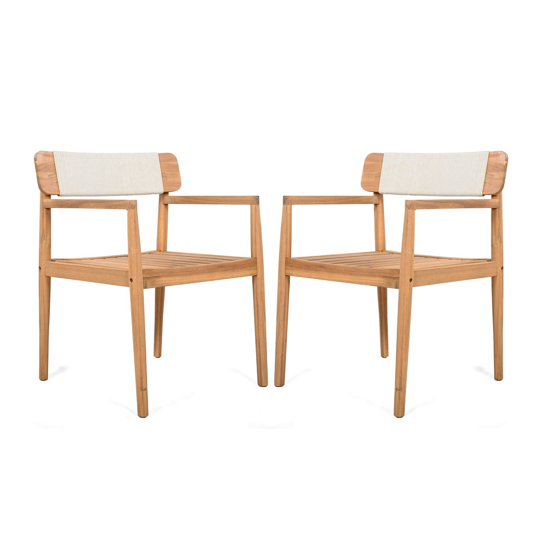 Creative Braided Acacia Wood Outdoor Dining Table And Chairs With Armrests (Set of 2) - Teak / White