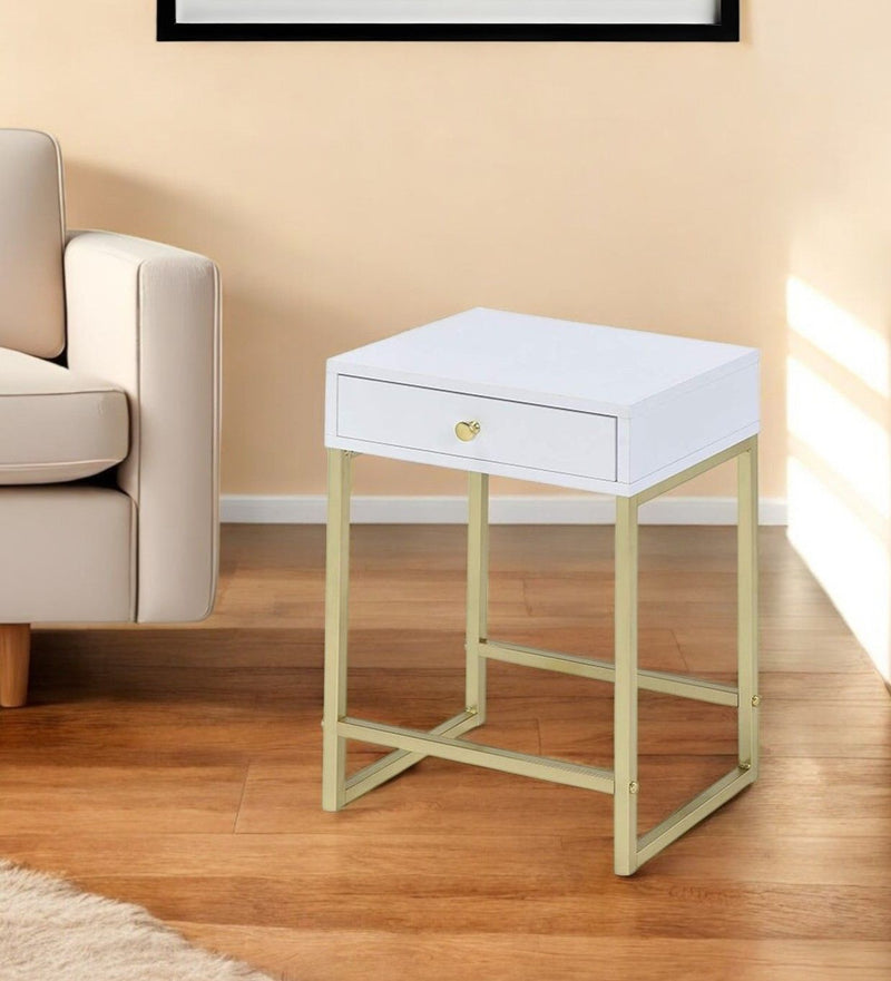 Solid Wood End Table With Drawer - Gold And White