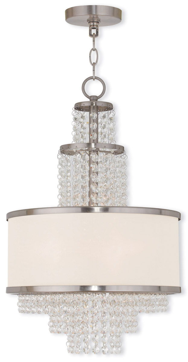 22" Three Light Metal Dimmable Chandelier With Shades - Nickel / Clear / Off White