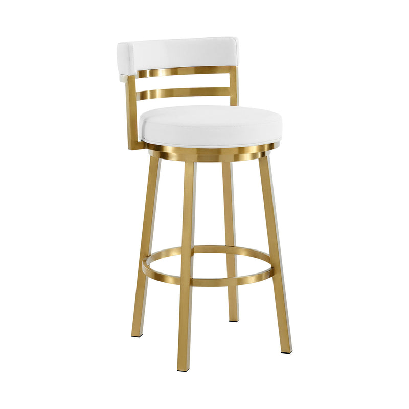 30" Faux Leather And Stainless Steel Low Back Bar Height Swivel Bar Chair - Gold / White