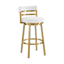 Load image into Gallery viewer, 30" Faux Leather And Stainless Steel Low Back Bar Height Swivel Bar Chair - Gold / White
