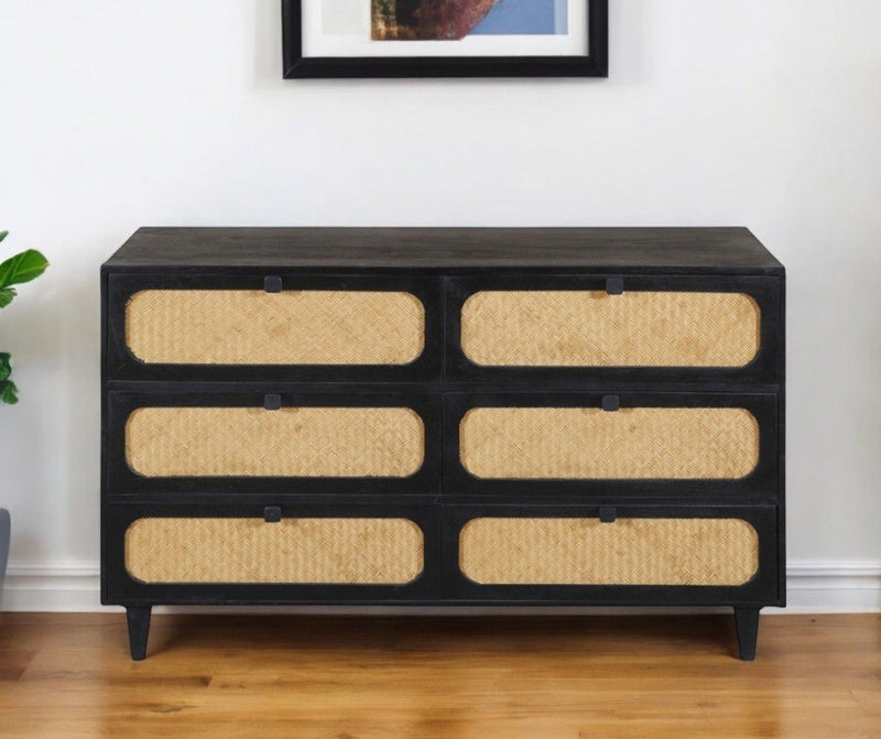 56" Solid Wood And Rat Six Drawer Double Dresser - Black And Natural