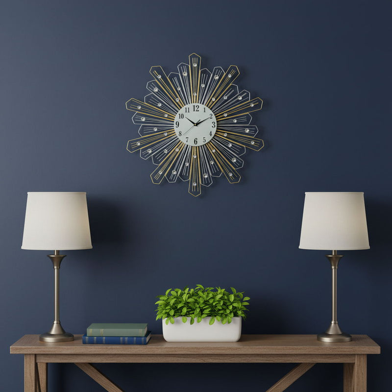Faux Crystals Silent Analog Sunburst Wall Clock - Gold / Silver / White