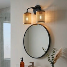 Load image into Gallery viewer, Quell - Double Light Vanity With Natural Shade Wall Lamp - Black / Rattan
