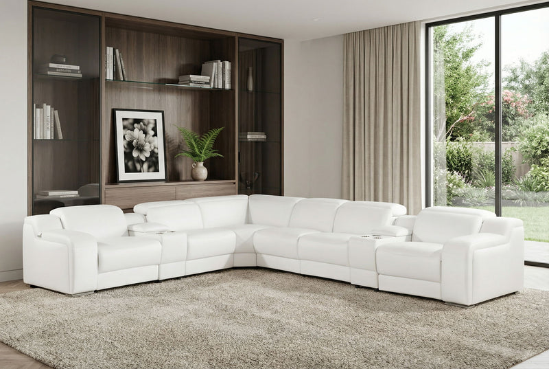 Italian Leather 4 Power Reclining L Shaped Eight Piece Corner Sectional With Console - White
