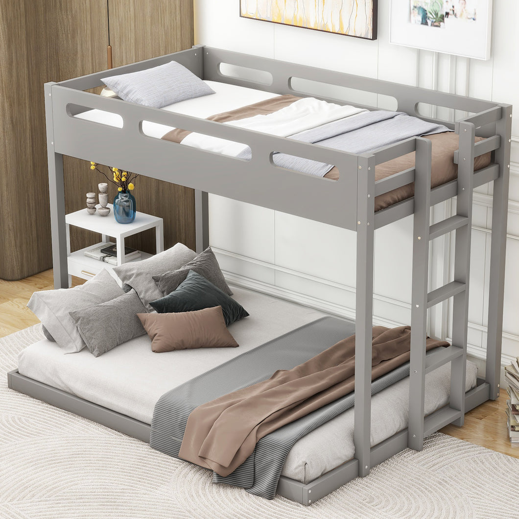 Twin over Full Bunk Bed with Built-in Ladder,Gray