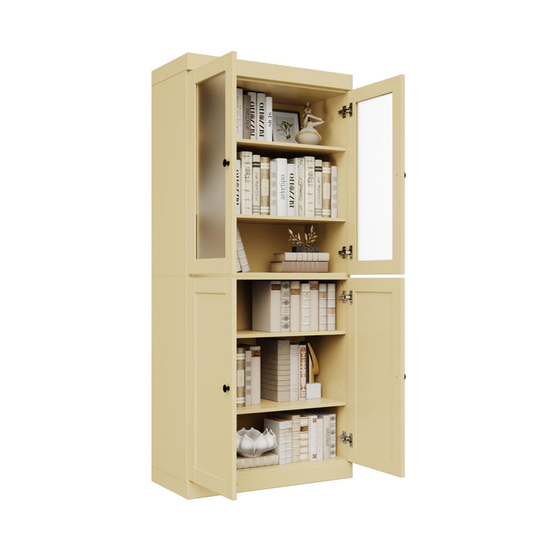 Solid Wood Adjustable Six Tier Library Bookcase With Four Doors (751372) - Yellow