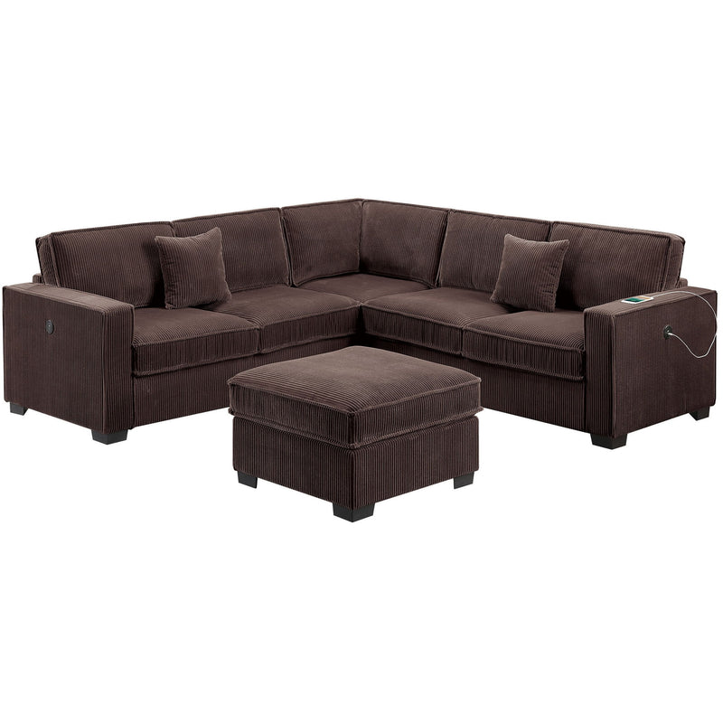 4 Piece Sectional Set With USB Ports, Left Arm Facing / Right Arm Facing Loveseat, Corner Wedge, Cocktail Ottoman, 2 Pillows - Chocolate