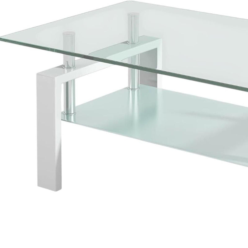 39" Glass And Steel Coffee Table With Shelf - Clear And White