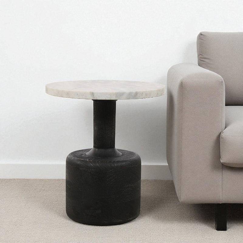 21" Distressed Marble And Solid Wood Round Pedestal End Table - Black