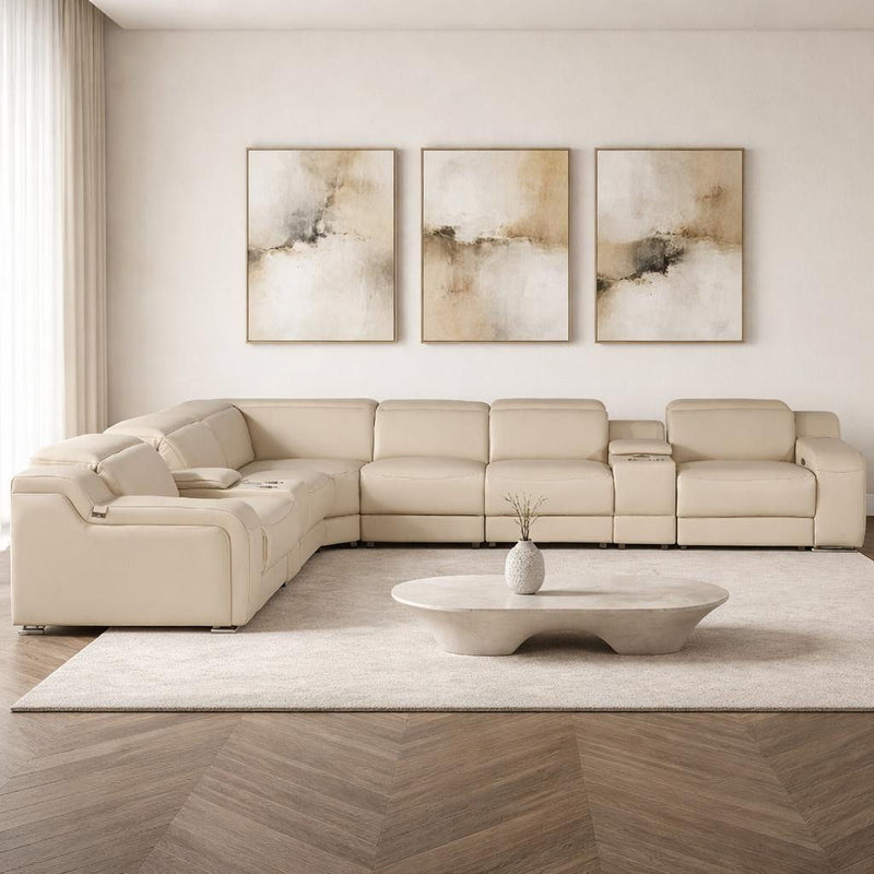 Italian Leather Power Reclining Curved Seven Piece Corner Sectional With Console - Beige