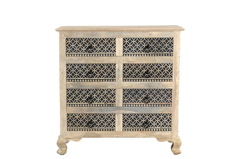 Carved Geometric Solid Wood Eight Drawer Dresser - White