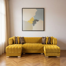 Load image into Gallery viewer, Mustard Velvet U-Shaped Three Piece Sofa Chaise Sectional With Toss Pillows - Mustard

