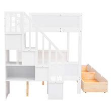 Load image into Gallery viewer, Twin over Full Bunk Bed with Shelfs, Storage Staircase and 2 Drawers, White
