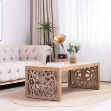 Load image into Gallery viewer, Rustic Carved Wood Coffee Table, Handcrafted Look With Ornate Side Panels
