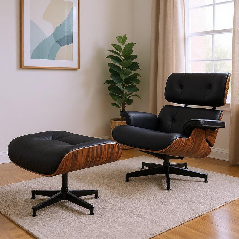 28" Mid-Century Tufted Genuine Leather Lounge Chair With Ottoman - Rosewood