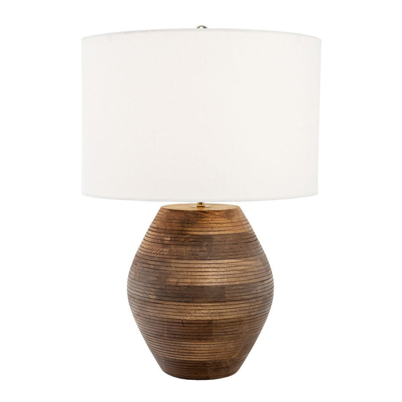 23" Solid Wood Textured Abstract LED Table Lamp With White Drum Shade - Brown / White