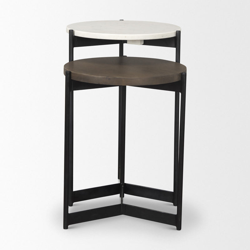 Marble Solid Wood And Metal Round Nested Tables (Set of 2) - Black And Dark Brown