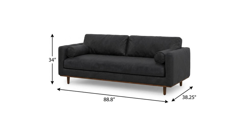 89" Leather Sofa With Brown Legs - Black