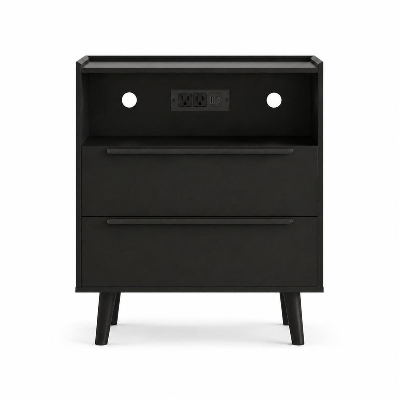 Wood Two Drawer Nightstand With USB Port And Integrated Tech (746970) - Black
