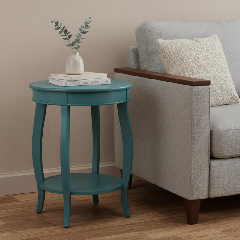 Solid Wood Round End Table With Shelf - Teal Blue