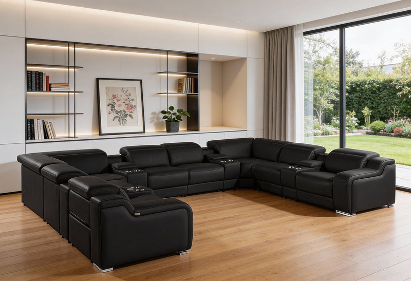 Italian Leather Power Reclining U Shaped Twelve Piece Corner Sectional With Console - Black