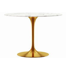 Load image into Gallery viewer, 40" Rounded Marble And Metal Pedestal Base Dining Table - Gold
