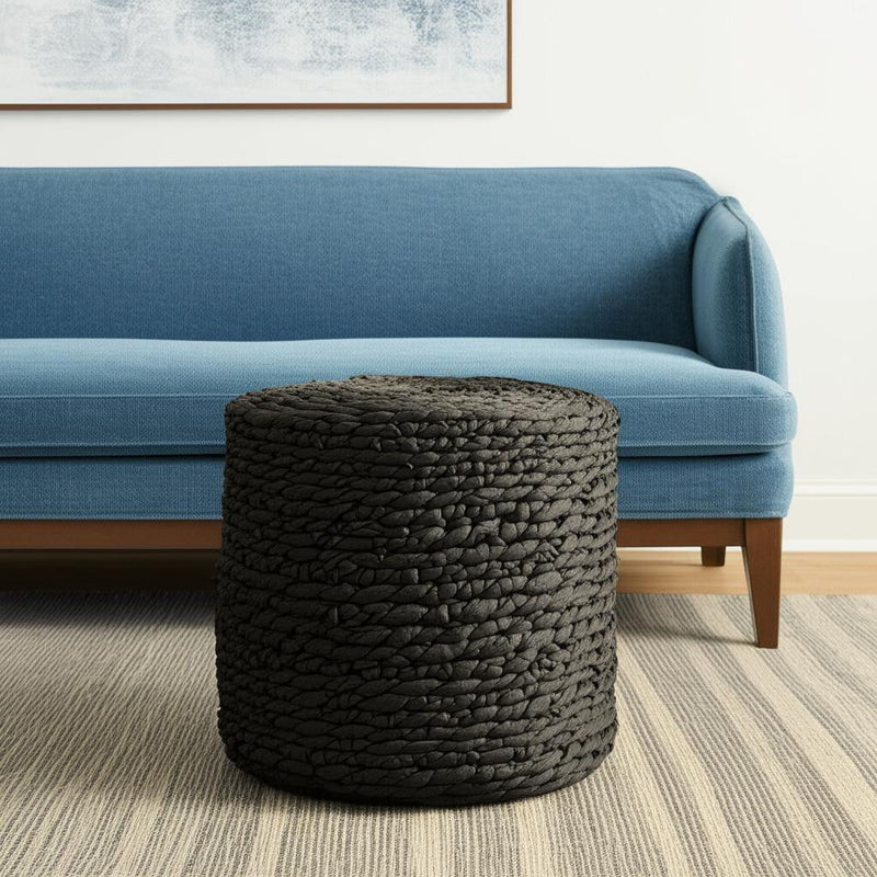 18" Water Hyacinth Round Pouf Ottoman - Black