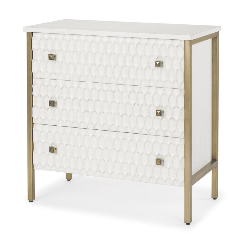 32" Wood And Metal Carved Geometric Accent Cabinet With Three Drawers - Gold / White
