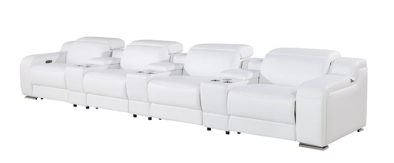 169" Reclining USB Reclining Sofa With Silver Legs - White