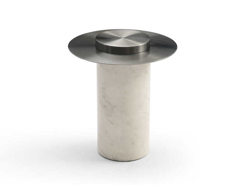 Gunmetal Steel Faux Marble Round Pedestal End Table - White / Steel