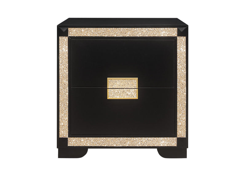 26" Two Drawer Faux Crystal Bling Wood Nightstand - Black And Gold