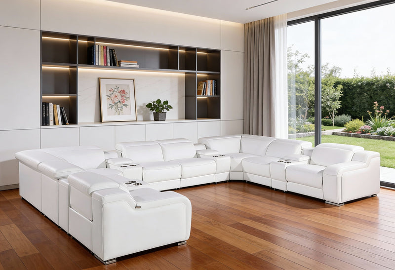 Italian Leather Power Reclining U Shaped Twelve Piece Corner Sectional With Console - White