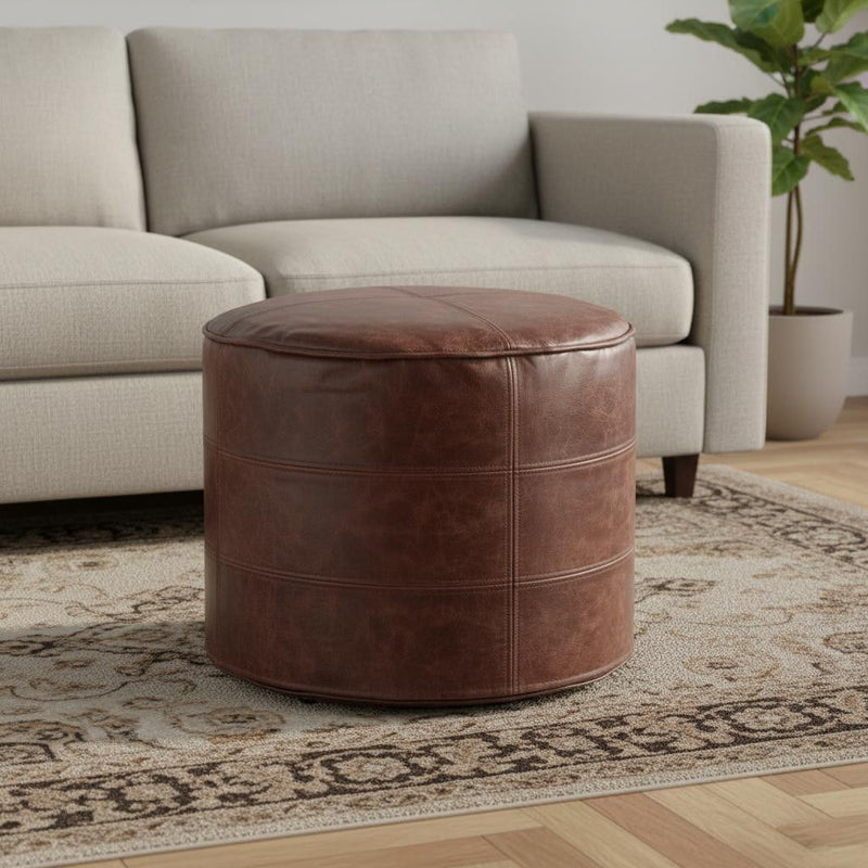 18" Leather Round Pouf Ottoman - Brown