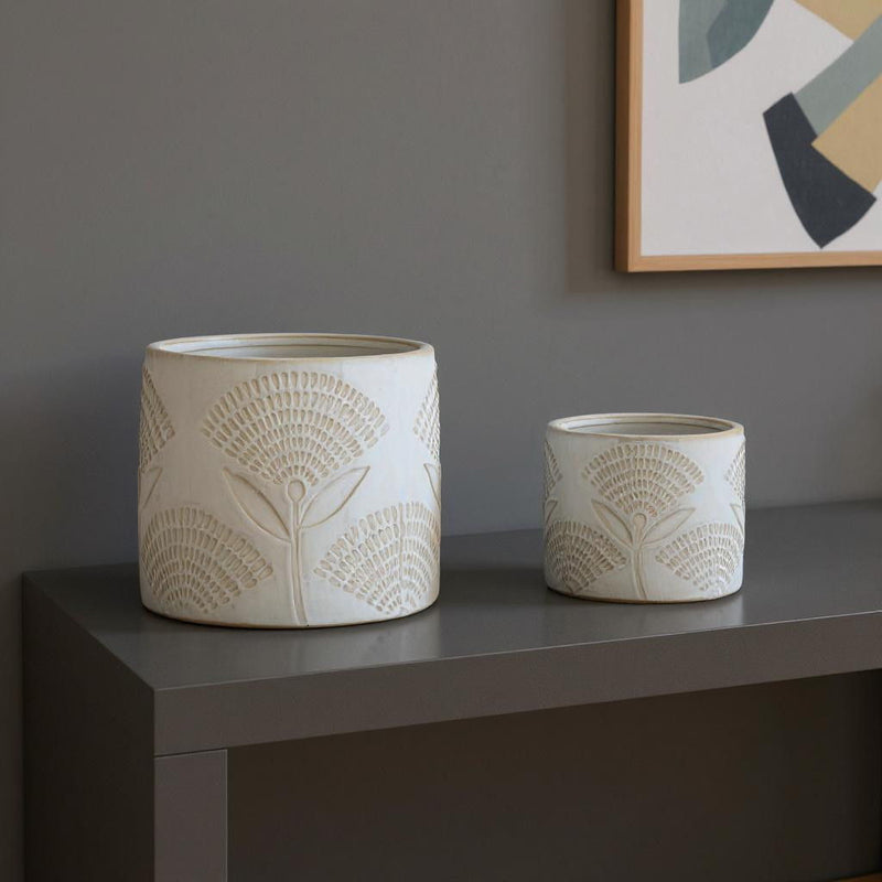 Porcelain Leaf Round Pot Planters (Set of 2) - White / Beige