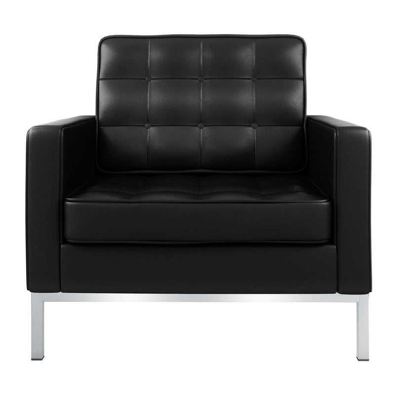 Italian Leather Tufted Arm Chair - Black And Silver