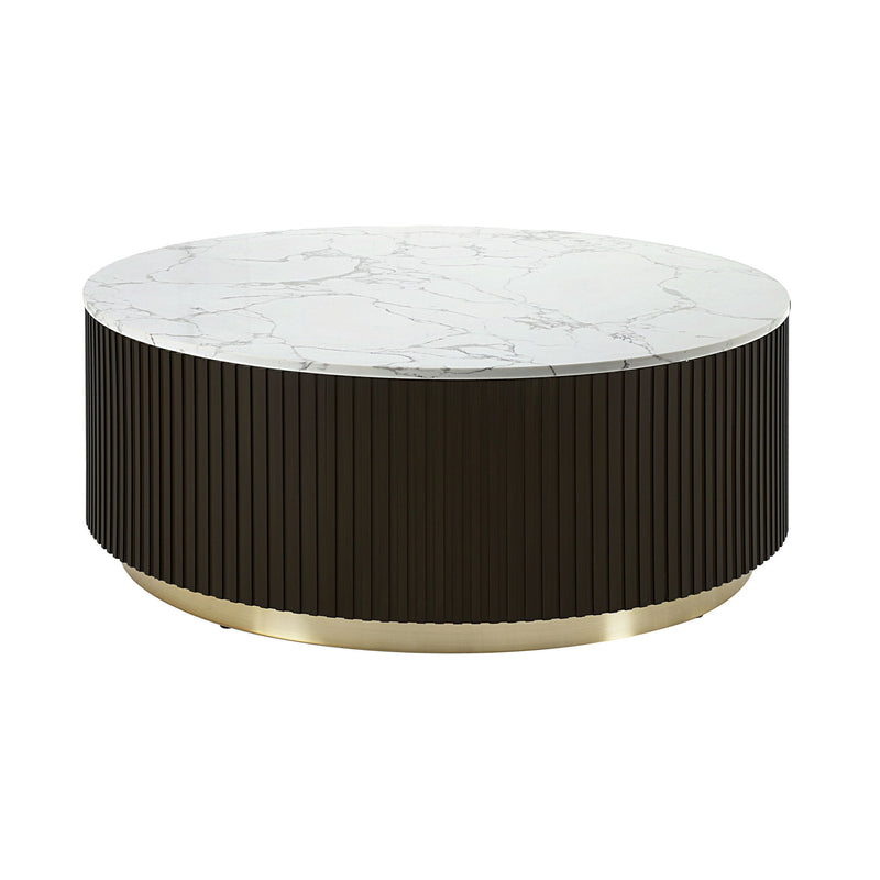 Faux Marble Solid Wood And Steel Round Drum Coffee Table - White / Espresso / Gold