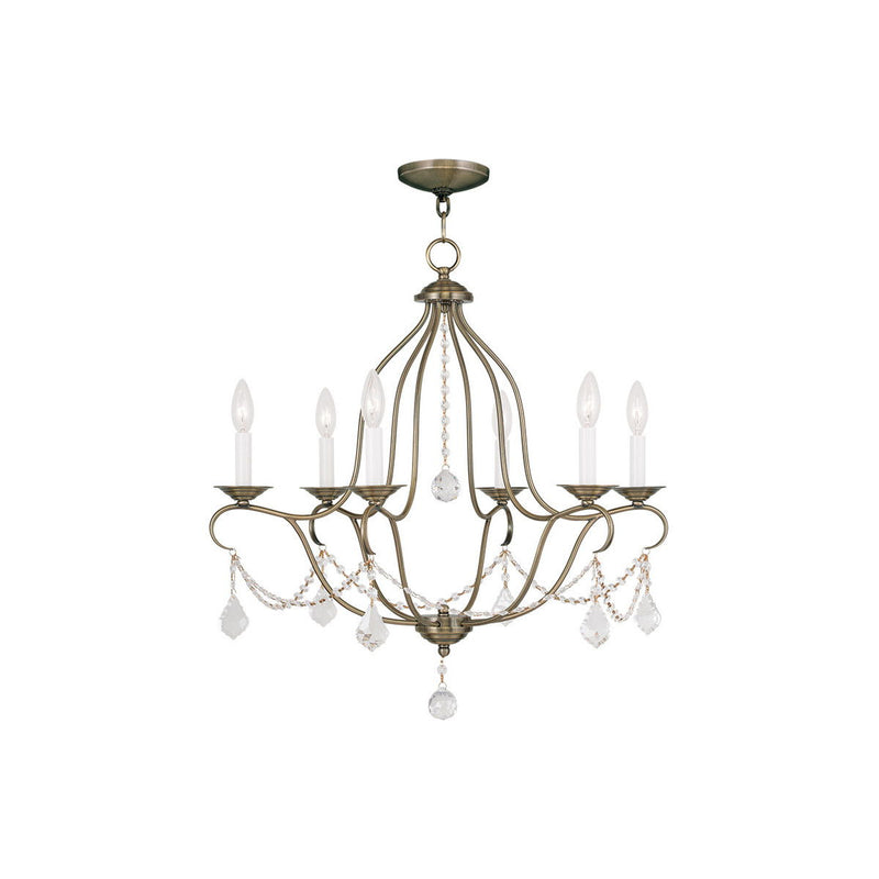 26" Six Light Dimmable Chandelier With Shades - Antiqued Brass