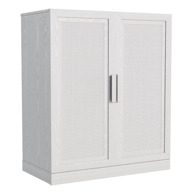 Wood Inlaid Rattan Accent Cabinet With Two Doors - White